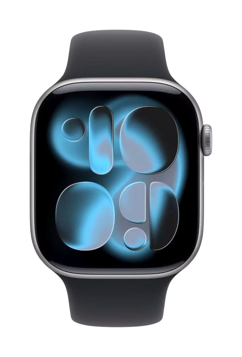 ساعة آبل 11 بنظام GPS + شريحة خلوية (Cellular)، مقاس 46 ملم، هيكل من الألمنيوم باللون الرمادي (Space Gray)، مع سوار رياضي باللون الأسود – مقاس متوسط/كبير (M/L).