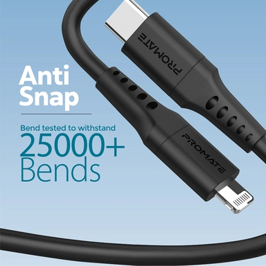 Promate 20W Fast Charging USB-C 2 Lightning Cable 1.2M Black
