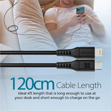 Promate 20W Fast Charging USB-C 2 Lightning Cable 1.2M Black