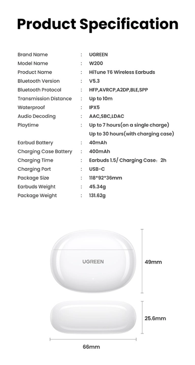 Ugreen HiTune H5 True Wireless Earbuds White