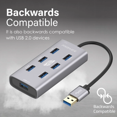 Promate 7-in-1 Aluminium USB Hub with USB-C Adaptor Black