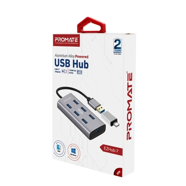 Promate 7-in-1 Aluminium USB Hub with USB-C Adaptor Black