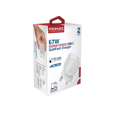 Promate Ultra Compact 67W GaN Charger with USB-C Port White
