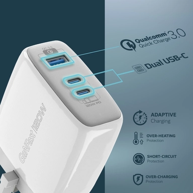 Promate 120W GaN Fast Charger with dual USB-C & USB-A White