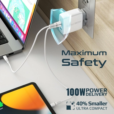 Promate 120W GaN Fast Charger with dual USB-C & USB-A White