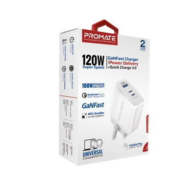 Promate 120W GaN Fast Charger with dual USB-C & USB-A White