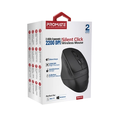 Promate Wireless Mouse Ergonomic Silent Click Optical Black