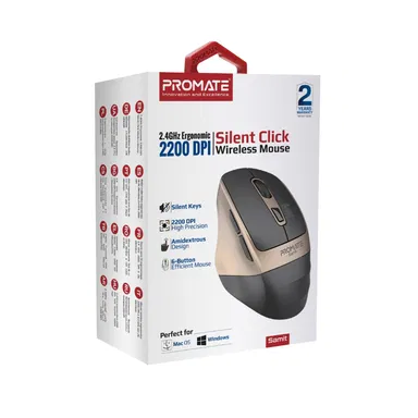 Promate Wireless Mouse Ergonomic Silent Click Optical Gold