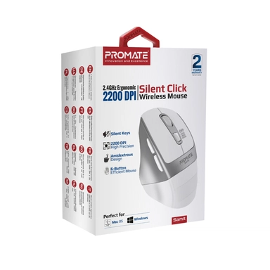 Promate Wireless Mouse Ergonomic Silent Click Optical White