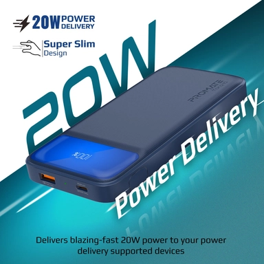 بروميت باور بانك رفيع سعة 10000 مللي أمبير في الساعة، 20 وات، USB-C شحن سريع، أزرق داكن