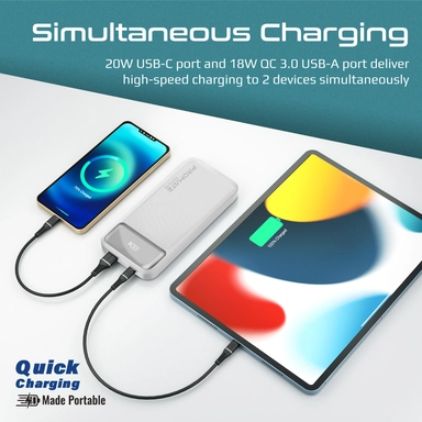 بروميت , باور بانك رفيع سعة 10000 مللي أمبير في الساعة، بقدرة 20 وات، وشحن سريع عبر USB-C،أبيض