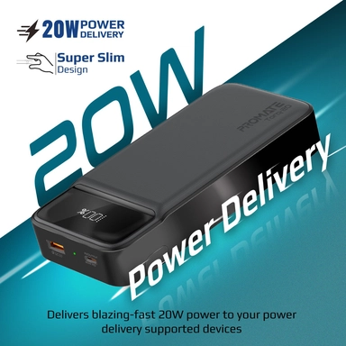 Promate 20000mAh Slim PowerBank 20W USB-C Quick Charge Black