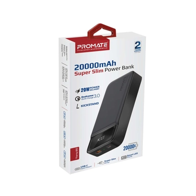 Promate 20000mAh Slim PowerBank 20W USB-C Quick Charge Black