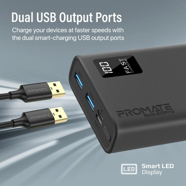 Promate 20000mAh slim Smart PowerBank USB-A & USB-C Black
