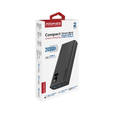 Promate 20000mAh slim Smart PowerBank USB-A & USB-C Black