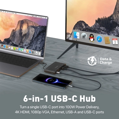 Promate 6-in-1 USB-C Hub with 4K HDMI VGA 100W Black