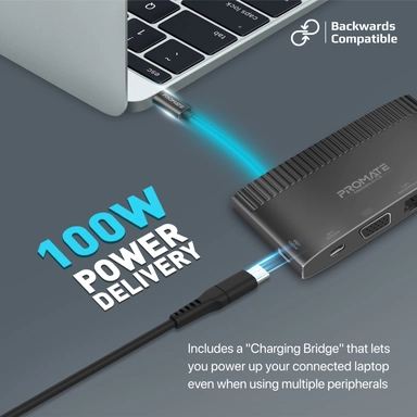 Promate 6-in-1 USB-C Hub with 4K HDMI VGA 100W Black