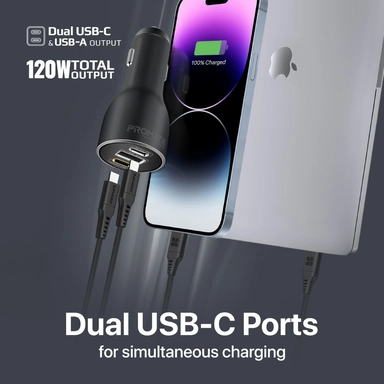 بروميت شاحن سيارة 120 واط، 100 واط PD USB-C، 20 واط، منفذ USB-A، أسود