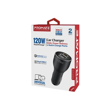 بروميت شاحن سيارة 120 واط، 100 واط PD USB-C، 20 واط، منفذ USB-A، أسود