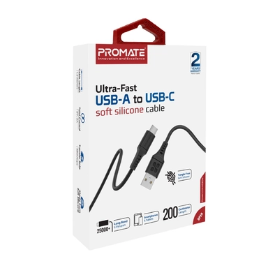 Promate Ultra-Fast USB-A to USB-C Silicone cable 2m Black
