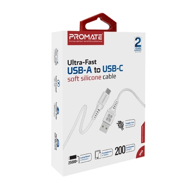 Promate Ultra-Fast USB-A to USB-C Silicone cable 2m White
