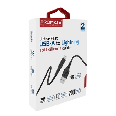 Promate UltraFast USB-A to Lightning Silicon cable 2m Black