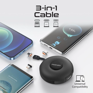 Promate 3-in-1 Retractable Magnetic Charging Cable 60W Black