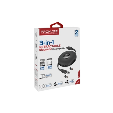 Promate 3-in-1 Retractable Magnetic Charging Cable 60W Black