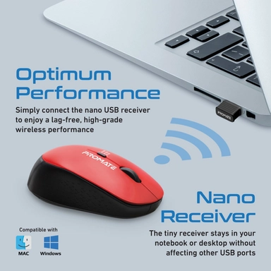 Promate MaxComfort Ergonomic Wireless Mouse Tracker Red
