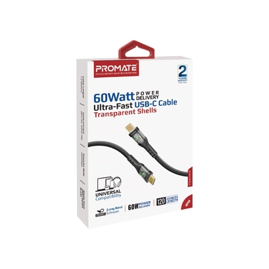 Promate 60W Ultra-Fast USB-C Transparent Cable 1.2m Black