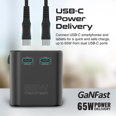 Promate 65W Power Delivery GaNFast™ Travel Adapter Black