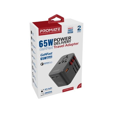 Promate 65W Power Delivery GaNFast™ Travel Adapter Black