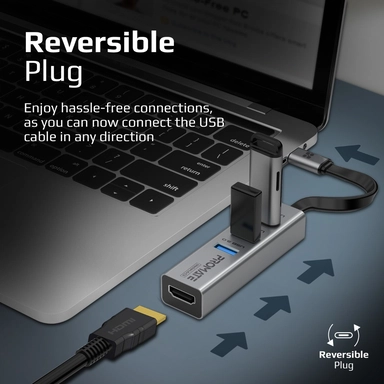 Promate 4K Vivid Clarity USB-C to HDMI Adapter 3-USB Grey