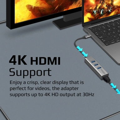 Promate 4K Vivid Clarity USB-C to HDMI Adapter 3-USB Grey