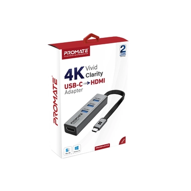 Promate 4K Vivid Clarity USB-C to HDMI Adapter 3-USB Grey