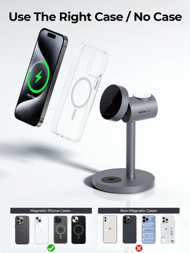 أوكي، شاحن سريع لاسلكي 3 في 1 للآيفون والأندرويد، رمادي