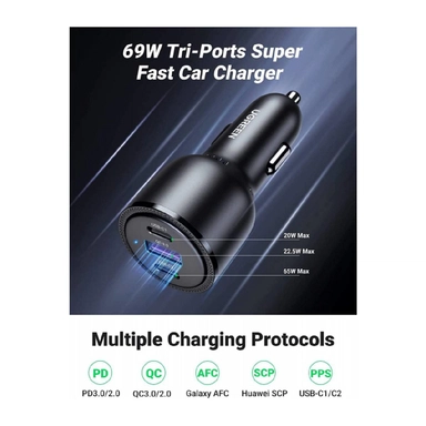 UGREEN Car Charger with 3 ports and 69W Max Black