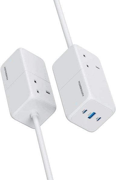 Powerology 65W Power Strip With Dual Power Sockets  White