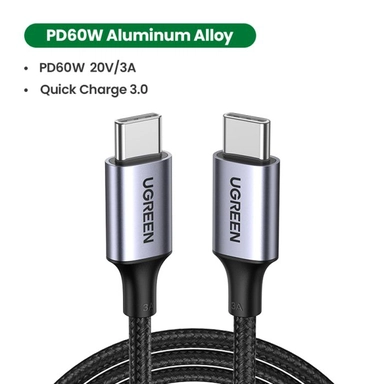 يوجرين , سلك شاحن يو اس بي 2.0 نوع سي , بطول 1 متر , أسود رمادي