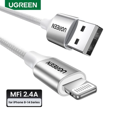 يوجرين , كابل USB-A إلى لايتنينج  ,نيكل 2 متر ,  فضي 