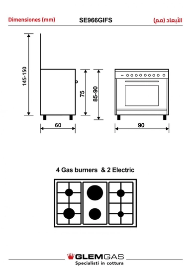 Glem Gas 60 * 90 cm. Gas / Electric Stove Steel SE966GIFS