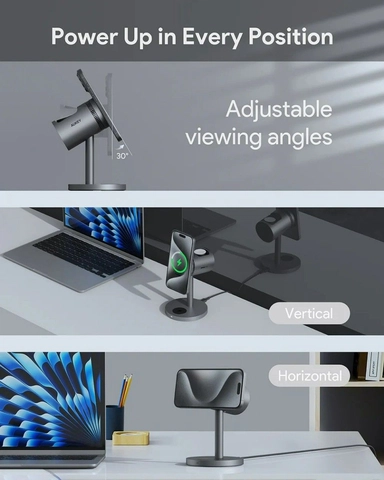 اوكي، شاحن لاسلكي مغناطيسي قابل للطي 3 في 1 مع خاصية التبريد، رمادي