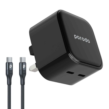 Porodo Super-Fast Dual USB-C Wall Charger 35W  1.2m Black