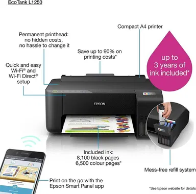 Epson EcoTank L1250 inkjet printer DPI A4 Colours WiFi Black