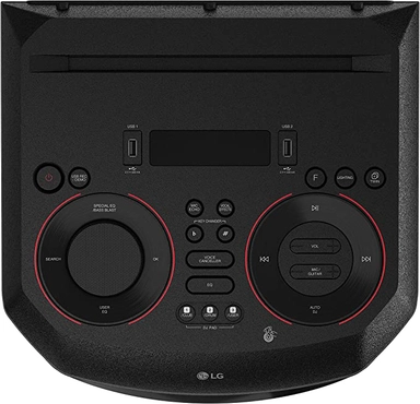 LG XBOOM RN7 ، مكبر صوت 2 بوصة × 2 ، متوسط 3 بوصات × 2 ، مكبر صوت 8 بوصة ، تعزيز جهير فائق ، انفجار جهير مزدوج ، ستروب للحفلات ، تطبيق دي جي ولوحة دي جي ، كاريوكي ستار والتحكم الصوتي ، مدخل جيتار