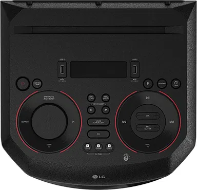LG XBOOM RN7 Tweeter 2''x2, Mid 3''x2, Woofer 8'', Super Bass Boost, Dual Bass Blast, Party Strobe, DJ App & DJ Pad, Karaoke Star & Vocal Sound control, Guitar Input