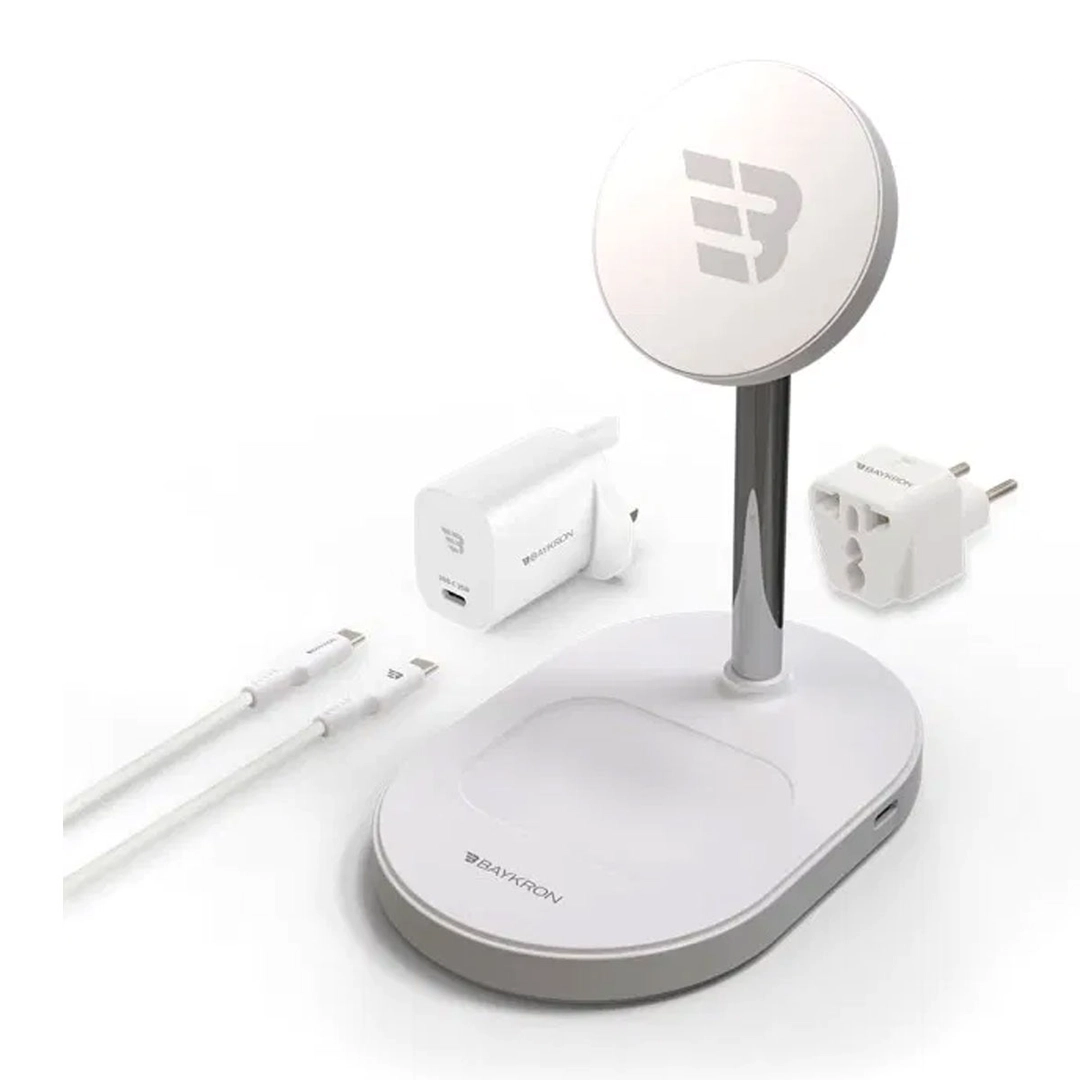 بايكرون ,  حامل لاسلكي 3 في 1 كابل وشاحن 25 وات , أبيض
