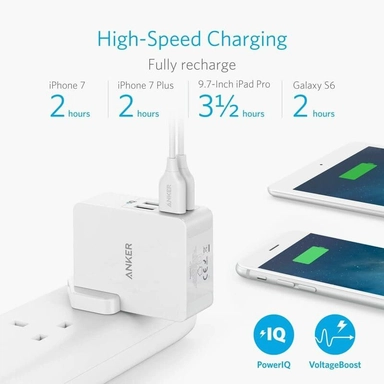 شاحن جداري انكر باوربورت 27 واط مع 4 منافذ USB للشحن ابيض