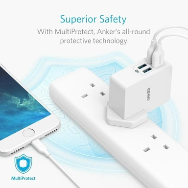 شاحن جداري انكر باوربورت 27 واط مع 4 منافذ USB للشحن ابيض