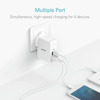 شاحن جداري انكر باوربورت 27 واط مع 4 منافذ USB للشحن ابيض